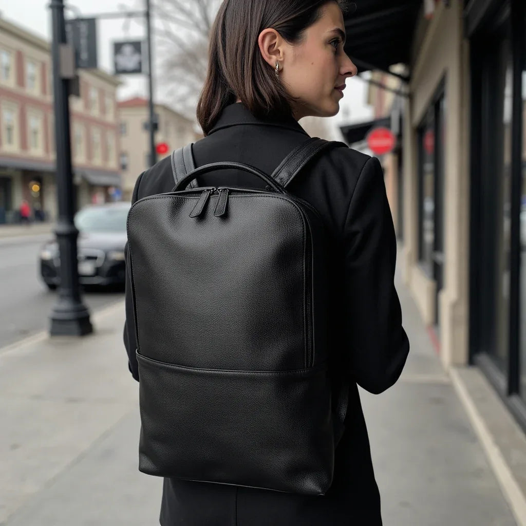 Black leather backpack worn from the back, with slim profile and top handle