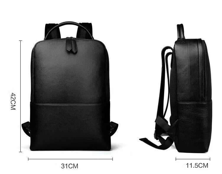 Black slim leather backpack front and side views with size measurements diagram