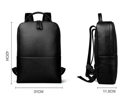 Black slim leather backpack front and side views with size measurements diagram