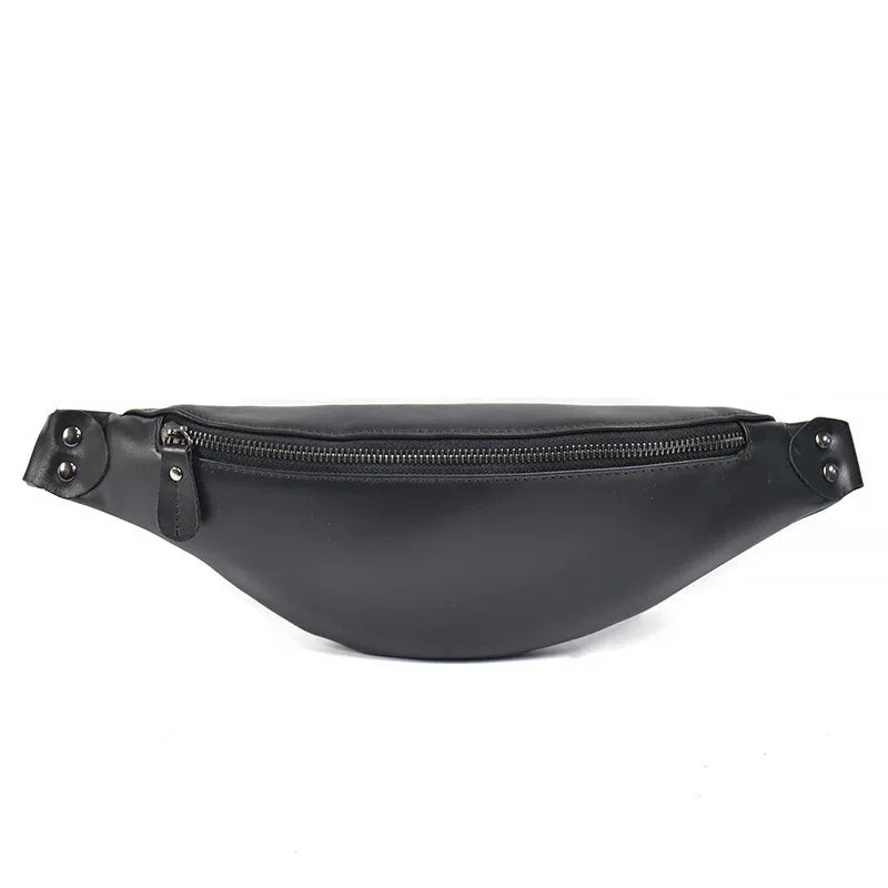 Black leather fanny pack with centered front zipper and snap-button side tabs