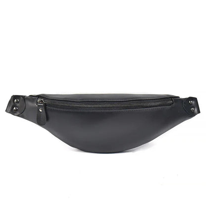 Black leather fanny pack with centered front zipper and snap-button side tabs