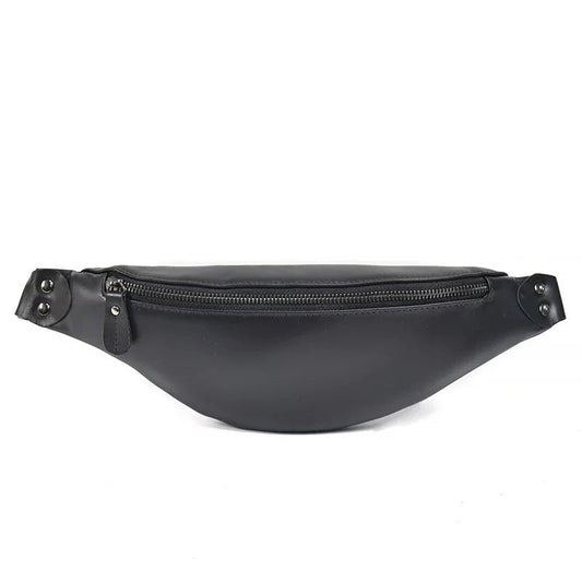 Black leather fanny pack with centered front zipper and snap-button side tabs