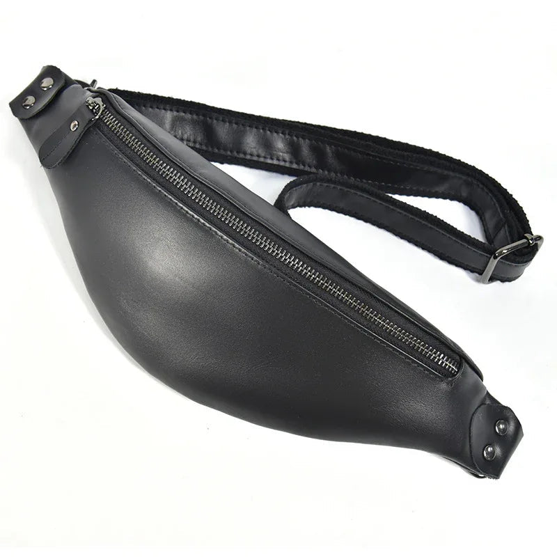 Black leather waist bag with front zipper, top hardware, and adjustable shoulder strap.