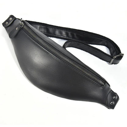 Black leather waist bag with front zipper, top hardware, and adjustable shoulder strap.