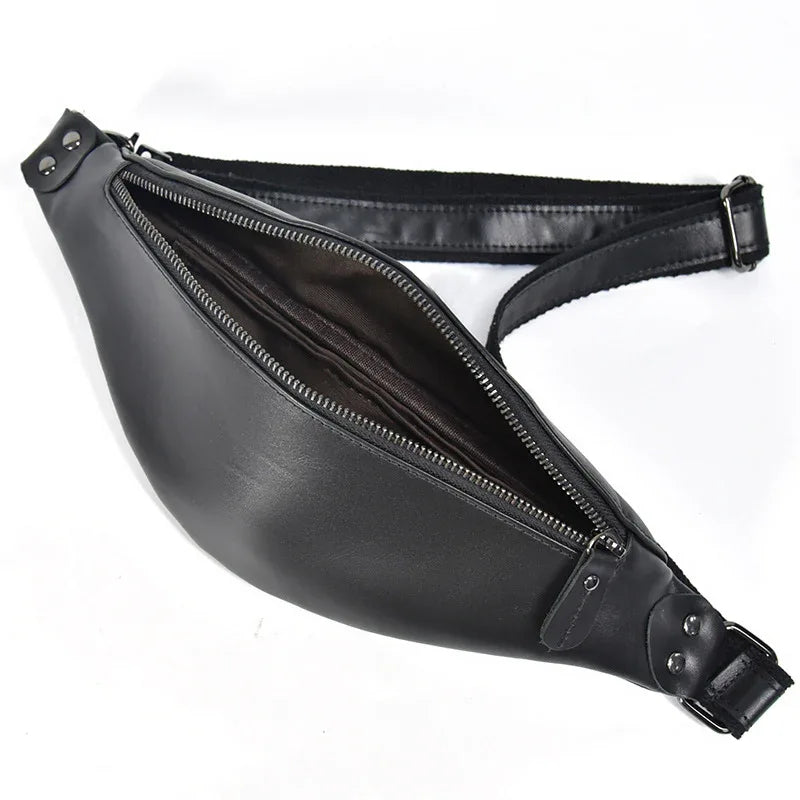 Black leather belt bag with front zipper compartments and adjustable strap with buckle.