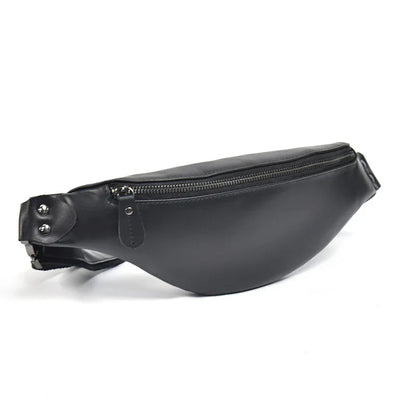 Black leather fanny pack with front zipper and metal strap mount hardware