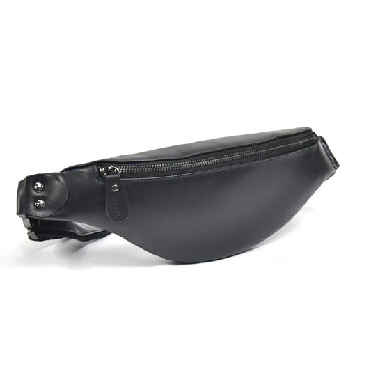 Black leather fanny pack with front zipper and metal strap mount hardware