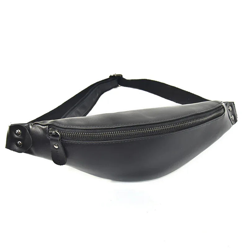 Black leather fanny pack with front zipper opening and adjustable waist strap