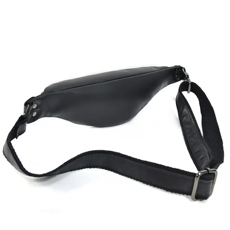 Black leather fanny pack with adjustable strap and metal buckle hardware