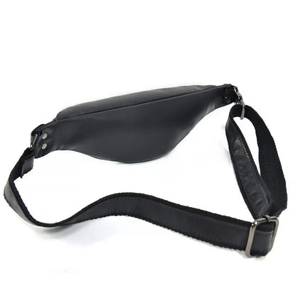 Black leather fanny pack with adjustable strap and metal buckle hardware