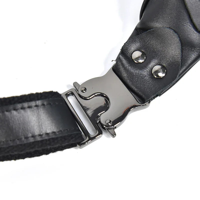 Leather fanny pack strap end with metal buckle and two rivet studs