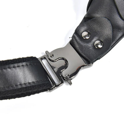 Leather fanny pack strap end with metal buckle and two rivet studs