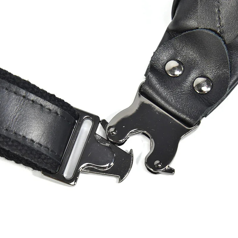 Leather fanny pack strap hardware with metal clasp and riveted leather tabs