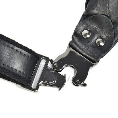 Leather fanny pack strap hardware with metal clasp and riveted leather tabs