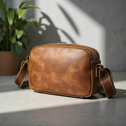Brown leather crossbody bag with curved shape, front zipper, and side straps