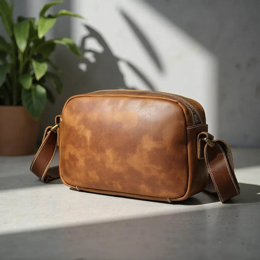 Brown leather crossbody bag with curved shape, front zipper, and side straps