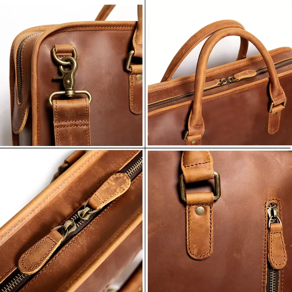 Vintage leather briefcase close-up of hardware, zippers, and strap attachments, brown