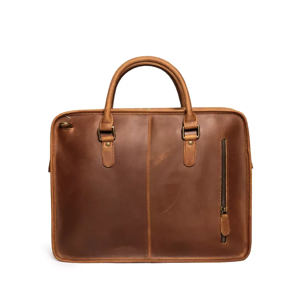 Vintage leather briefcase with buckle straps, front zipper pocket and brown body