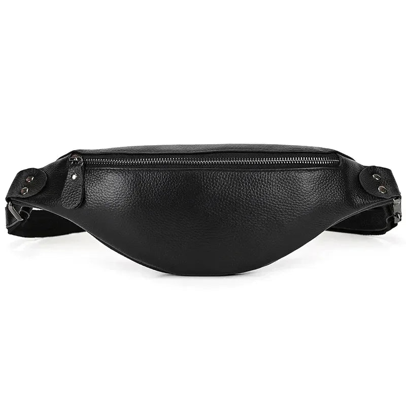 Black leather fanny pack with front zip pocket and adjustable shoulder strap