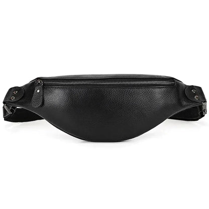 Black leather fanny pack with front zip pocket and adjustable shoulder strap