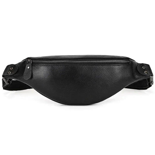 Black leather fanny pack with front zip pocket and adjustable shoulder strap