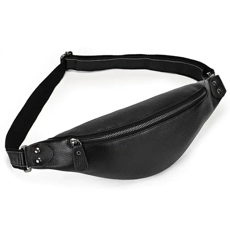 Black leather belt bag with centered zipper and side snap hardware