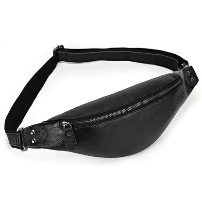 Black leather belt bag with centered zipper and side snap hardware