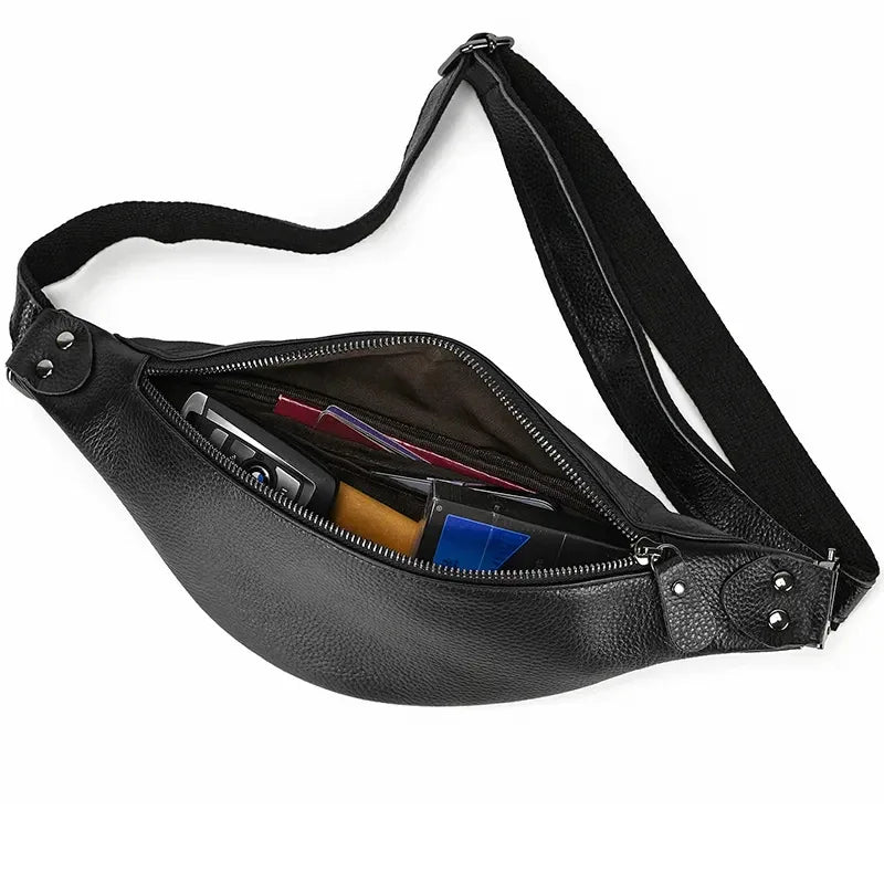 Black leather fanny pack open to show card slots and organizer pocket