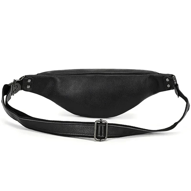 Black leather fanny pack with front zip, metal buckle strap, and D-rings