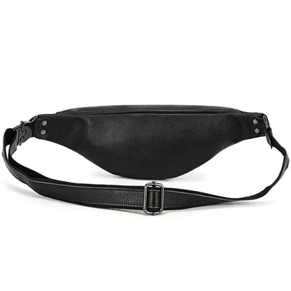 Black leather fanny pack with front zip, metal buckle strap, and D-rings