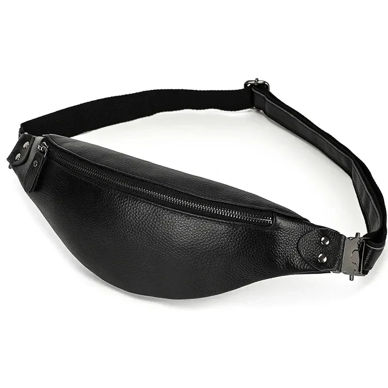Black leather belt bag with top zipper and wide adjustable strap