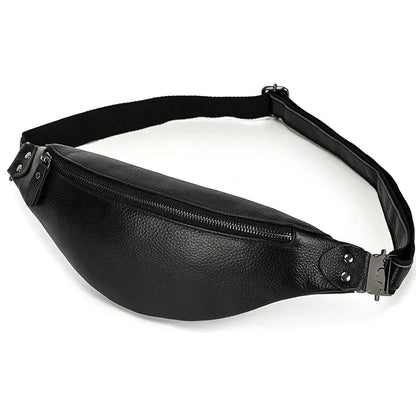 Black leather belt bag with top zipper and wide adjustable strap