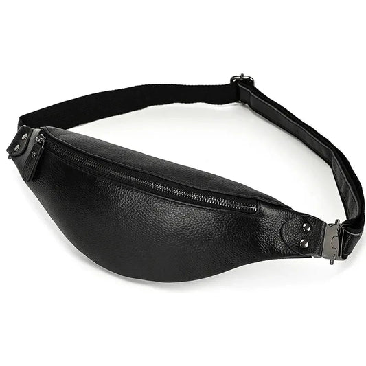 Black leather belt bag with top zipper and wide adjustable strap