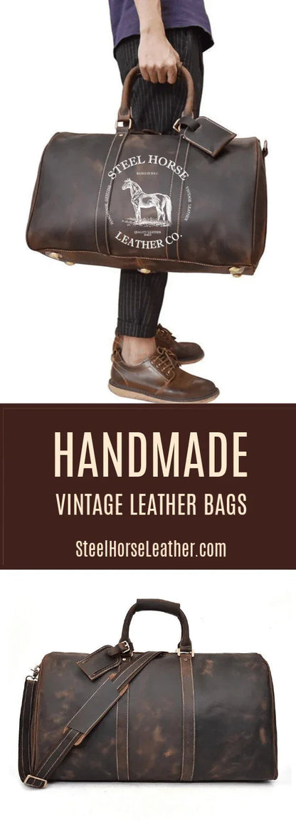 Dark brown leather duffle bag with top handle, front strap, and brand-style badge.