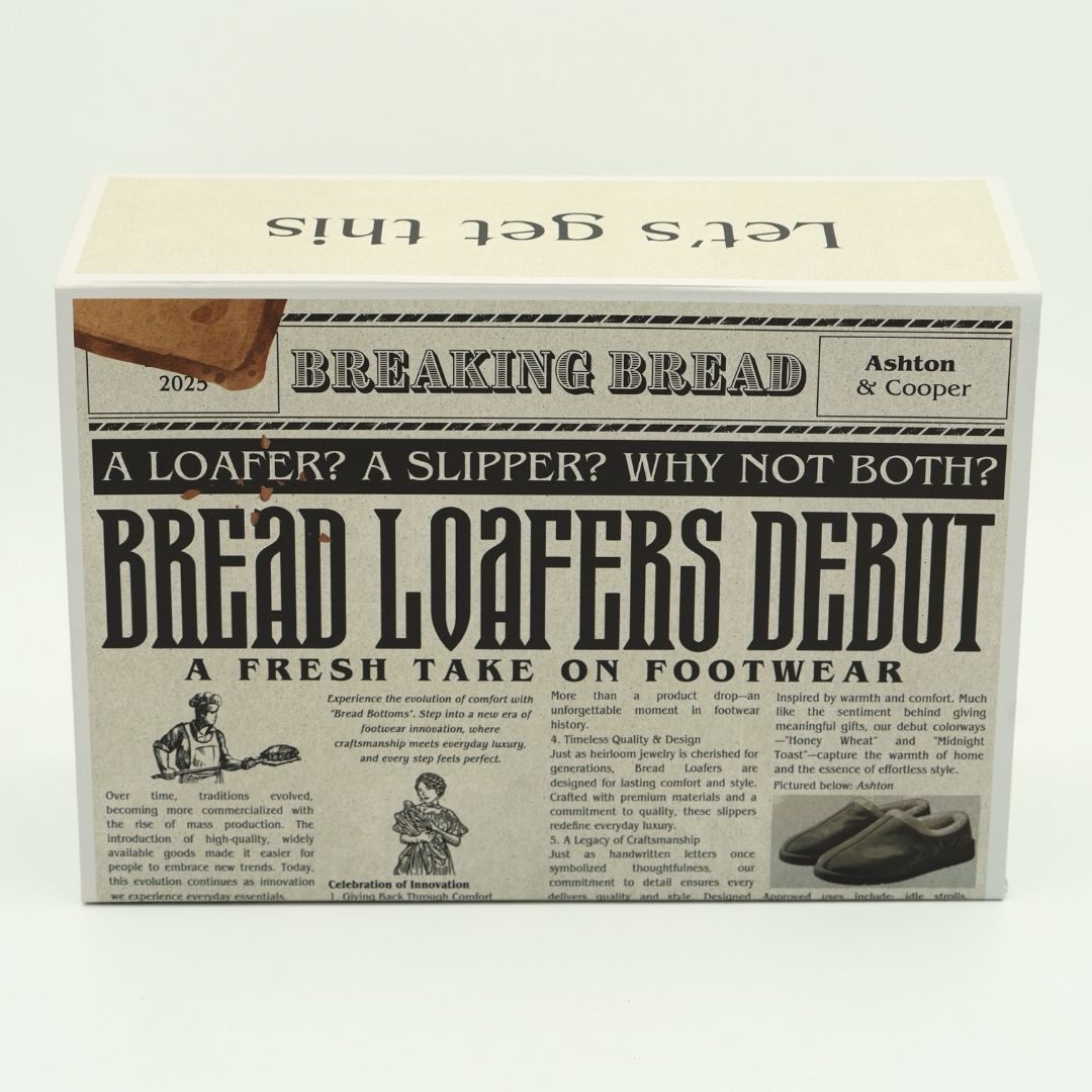 Product packaging for 'Bread Loafers' with vintage newspaper design on a white background