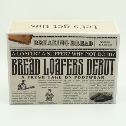 Product packaging for 'Bread Loafers' with vintage newspaper design on a white background
