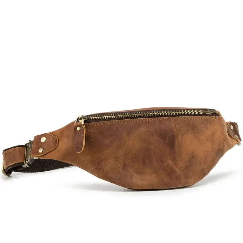Brown full-grain leather fanny pack with top zip and adjustable waist strap