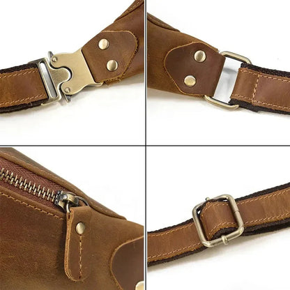 Brown leather fanny pack strap and zipper detail with riveted metal hardware
