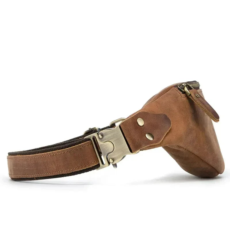 Brown leather fanny pack with metal belt buckle and side strap loops