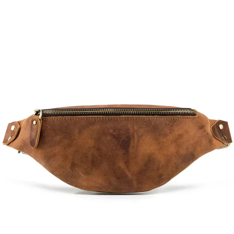 Brown leather fanny pack with gold-tone zipper and reinforced side strap tabs