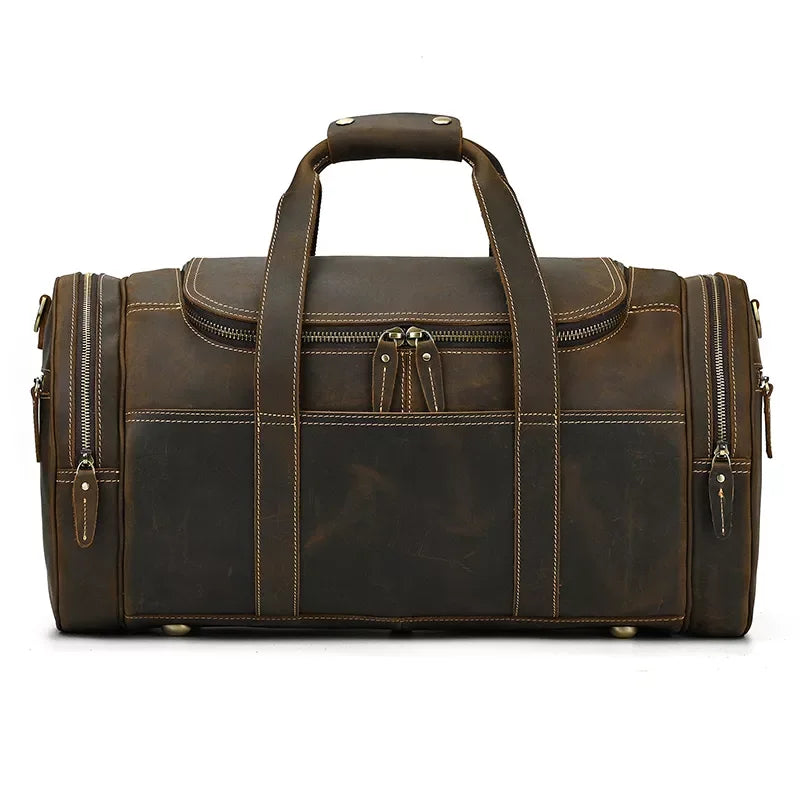 Brown leather weekender duffel bag front view with top handle and center zip pocket.