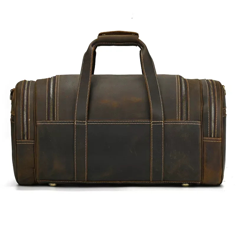 Leather duffle bag with front vertical stitching and dual side zipper pockets