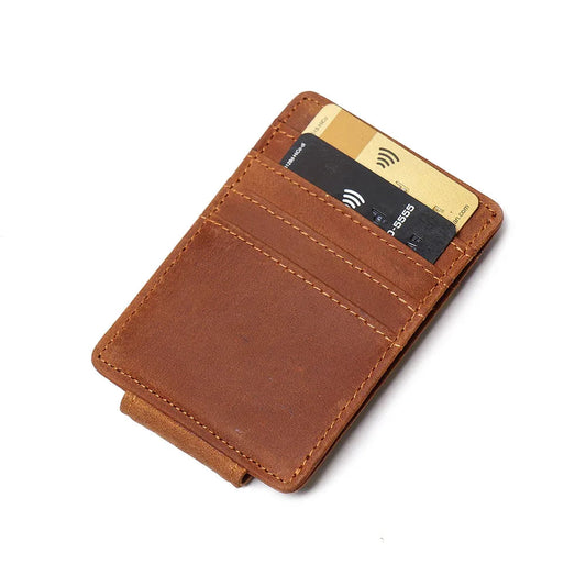 Brown leather front pocket wallet with open card slot and stitched panel detail