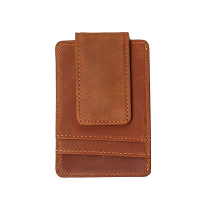Brown leather front pocket wallet with stitched front panel and slim card pocket