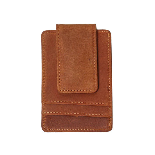 Brown leather front pocket wallet with stitched front panel and slim card pocket