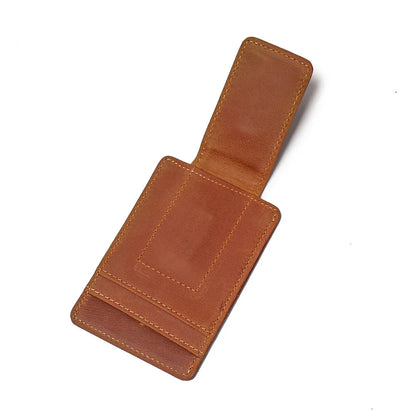 Brown leather front pocket wallet with central card slot window and stitched seams