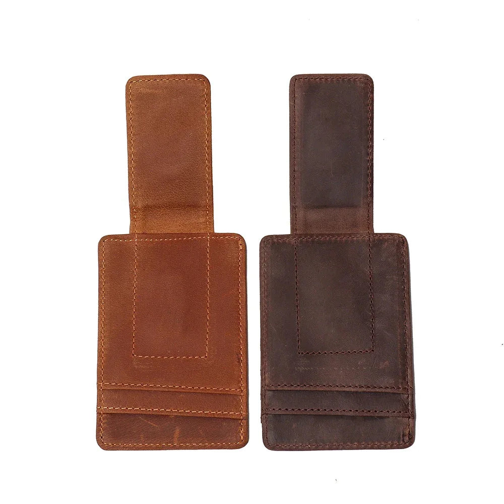 Brown and dark brown leather front pocket wallets with stitched front card windows