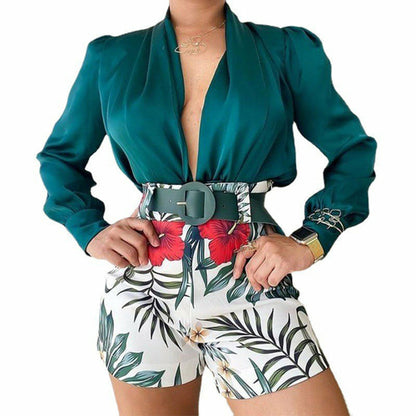 Women's Summer Blouse & Floral Shorts green