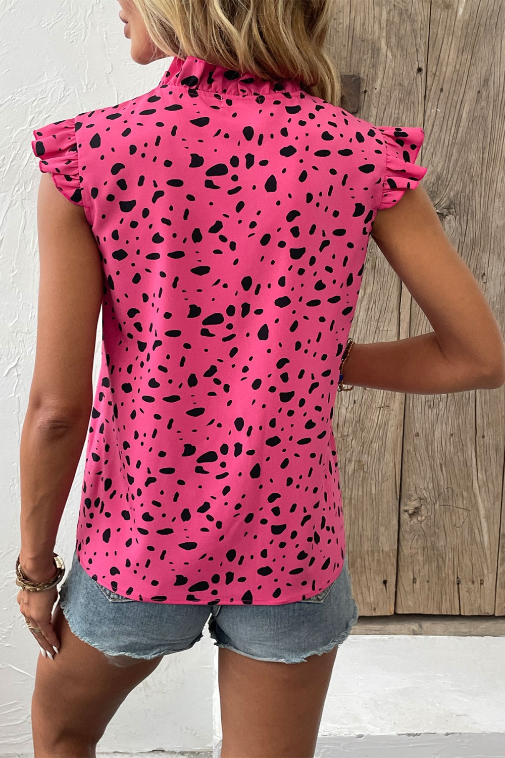 Printed Tie Neck Cap Sleeve Pink Blouse