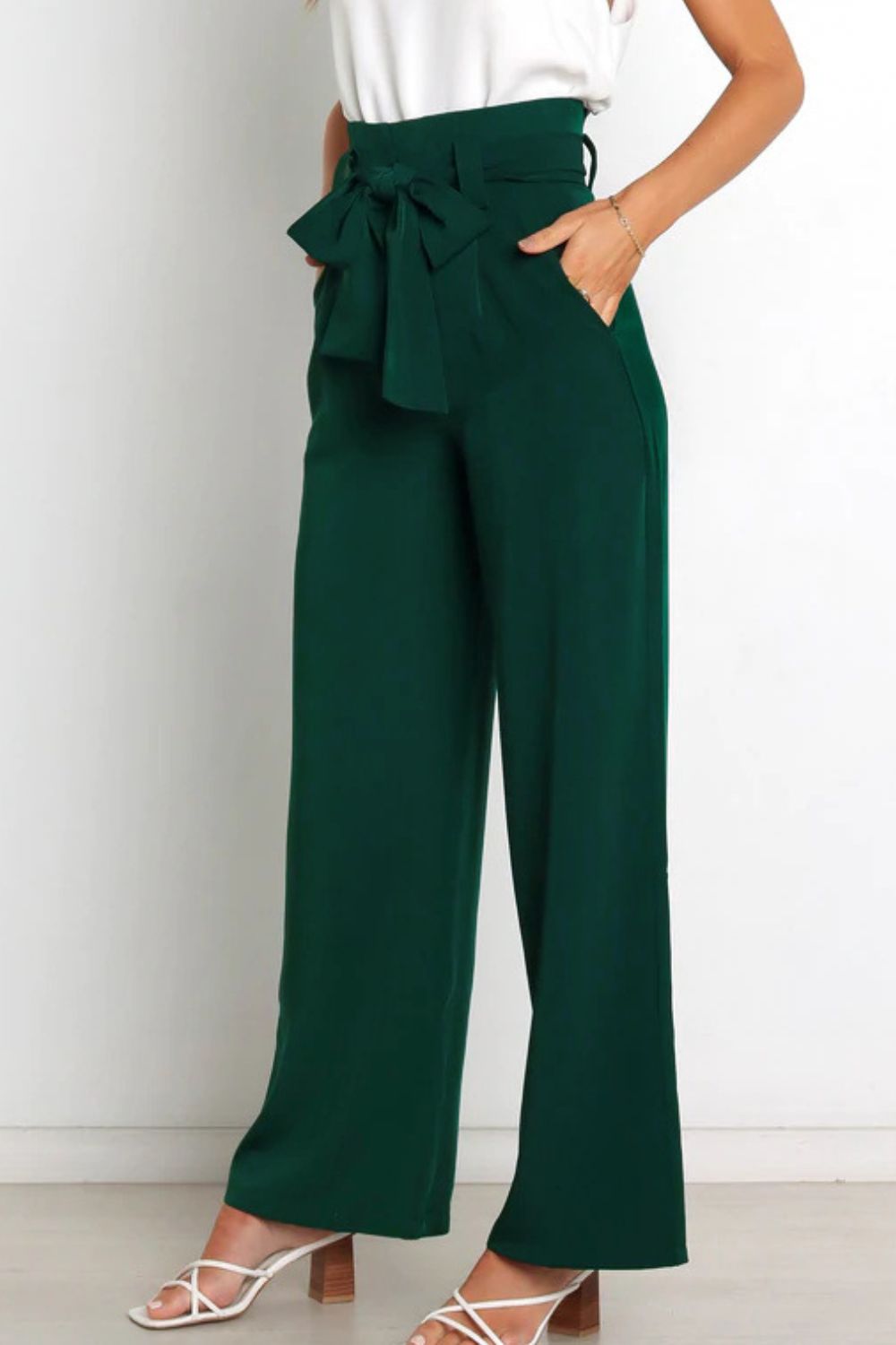 Tie Front Wide Leg Women's Pants green